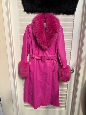 Women's Hot Pink Faux-Fur Trim Trench Coat with Belt